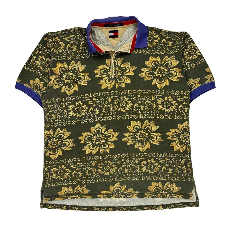 Floral Design Tommy Hilfiger Graphic Polo Shirt - Large Green Cotton