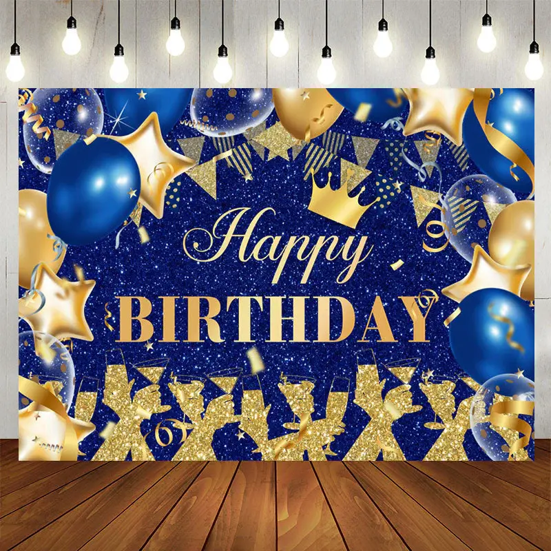 Aperturee Royal Blue Gold Glitter Balloons Birthday Backdrop