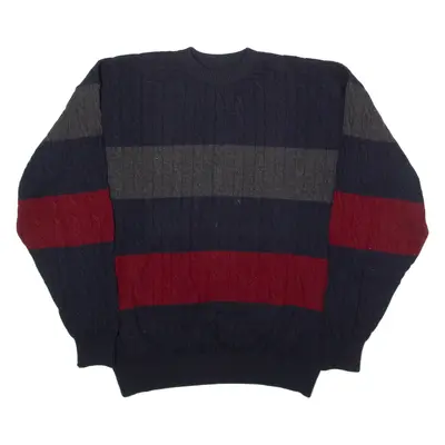 PAUL & SHARK Mens Patterned Jumper Blue Striped Crew Neck Cable Knit Wool 2XL
