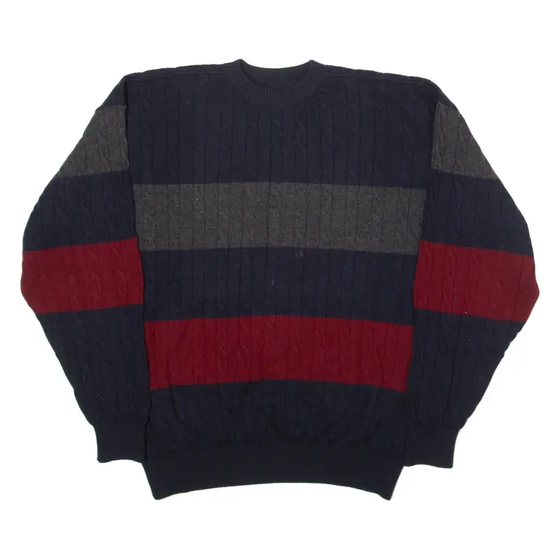 PAUL & SHARK Mens Patterned Jumper Blue Striped Crew Neck Cable Knit Wool 2XL