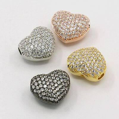 Hollow Heart Brass Cubic Zirconia Beads