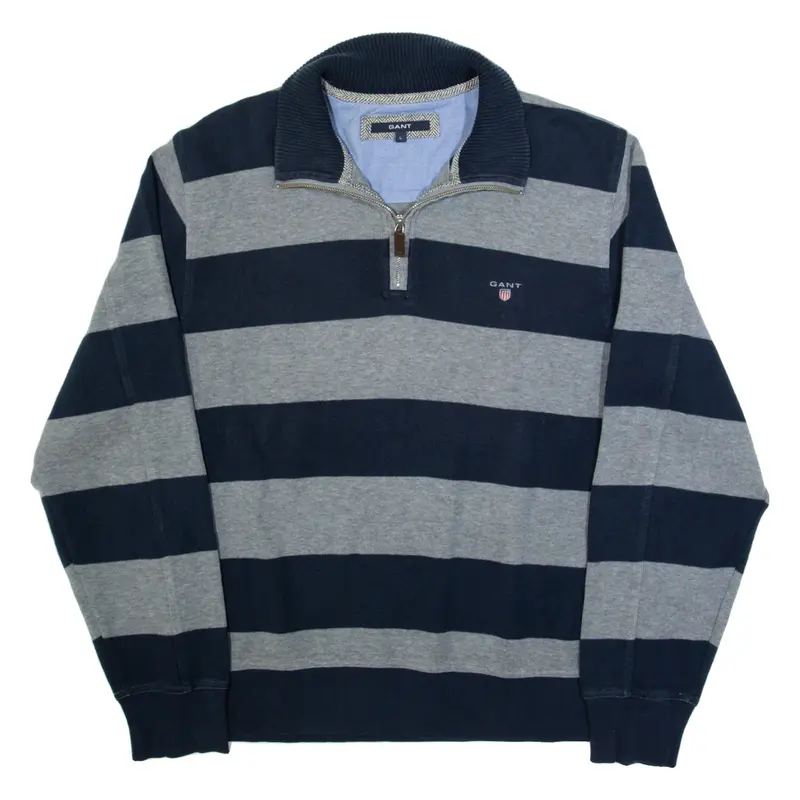 GANT Mens Patterned Jumper Blue Striped 1/4 Zip Tight Knit L