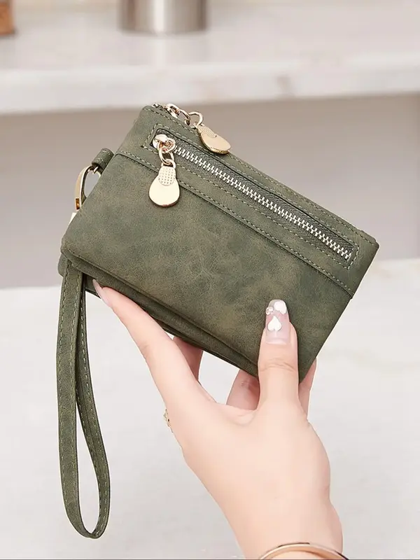 Women's Solid Color Zipper Short Wallet, Fashionable PU Leather Card Holder with Wrist Strap, Casual Portable Wallet for Dail...