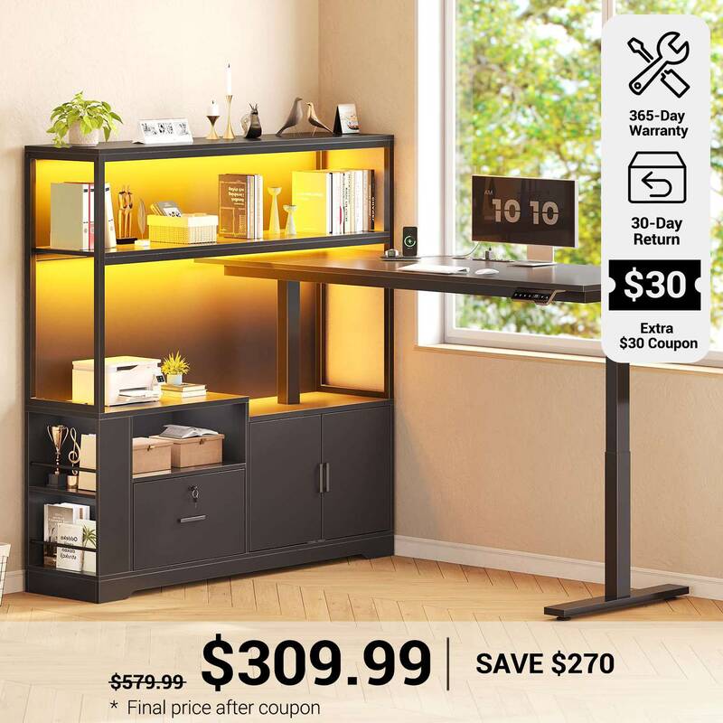 SEDETA 56.7 Inch Standing Desk Height Adjustable Electric L Shaped Stand Up Computer Gaming Desk with Drawers Hutch Power Out...