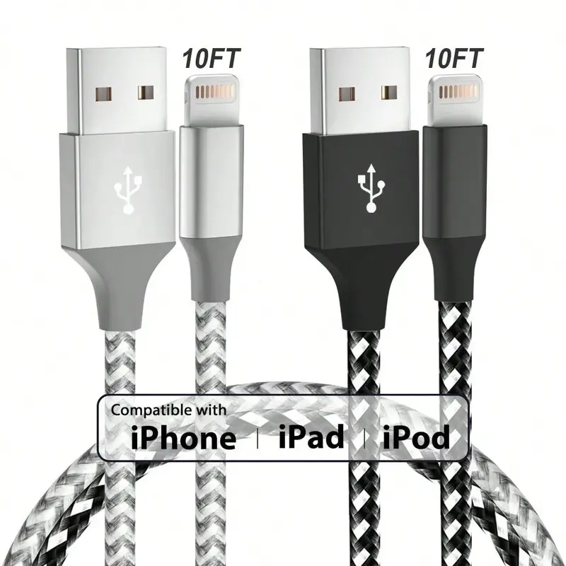 10FT [ Apple MFi Certified] Premium Nylon Braided USB A for Lightning Cable, 2 Counts High-Speed Data Sync Cable Charging Com...