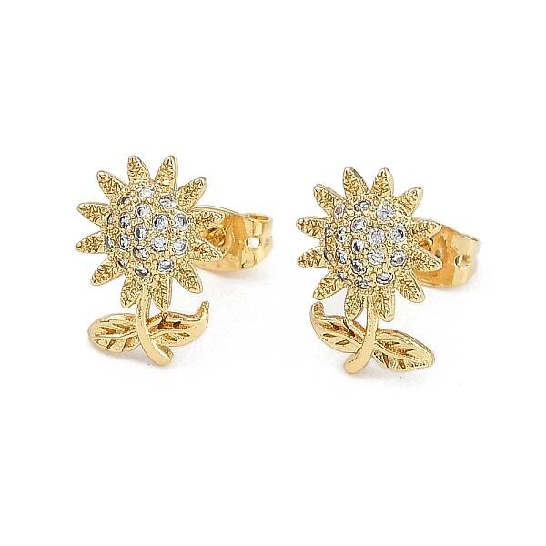 Brass Micro Pave Clear Cubic Zirconia Stud Earrings for Women