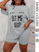【Plus Size】 Letter Print Tee & Shorts Pyjama Set, Casual Comfy Short Sleeve T-shirt & Shorts Pj Set, Women's Sleepwear fo...