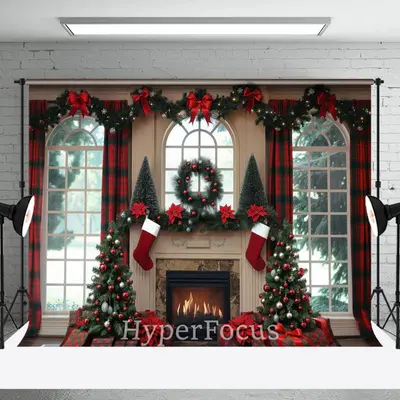 Red Plaid Curtain Fireplace Window Scene Backdrop - Aperturee
