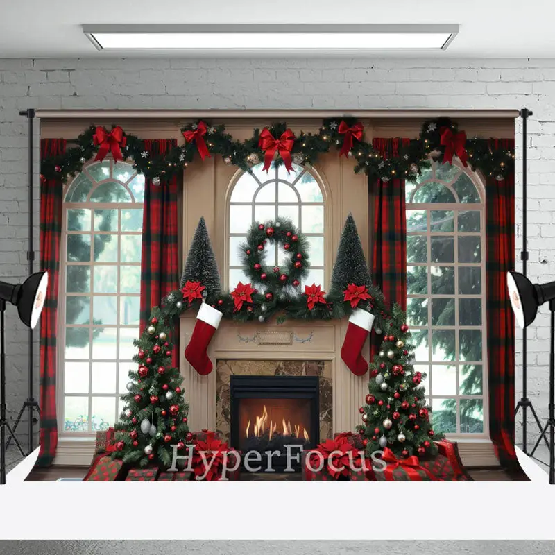 Red Plaid Curtain Fireplace Window Scene Backdrop - Aperturee