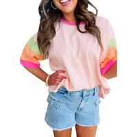 Women Oversized Color Block T-Shirt Casual Loose Crewneck Short Sleeve Drop Shoulder Patchwork Shirt Summer Tee Top