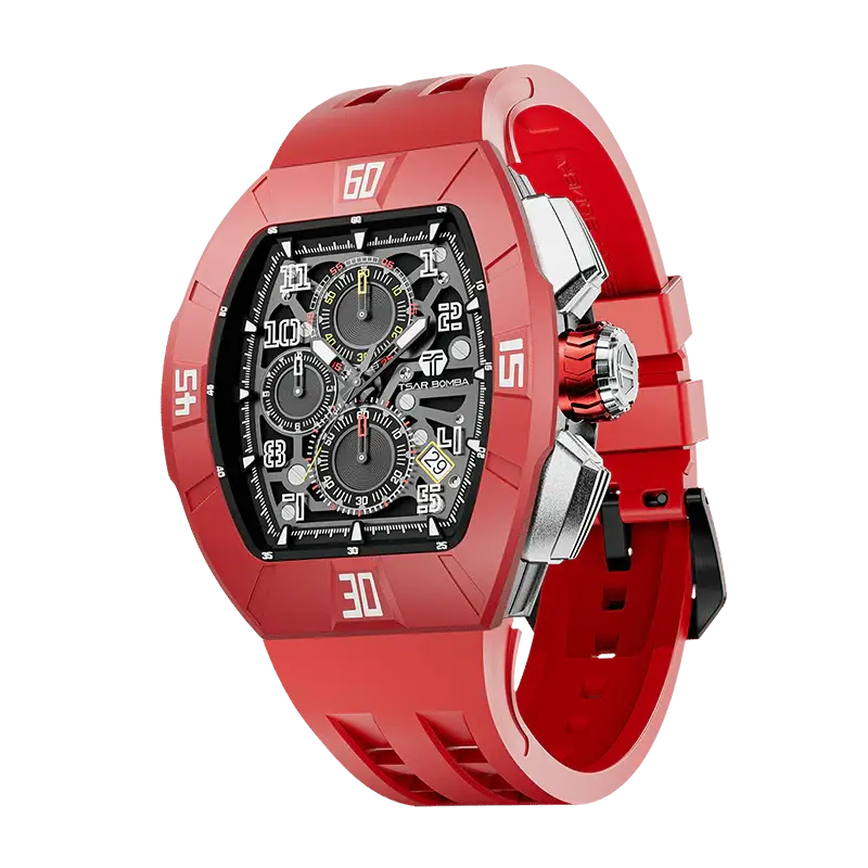 TSAR BOMBA Men's Quartz Watch | Dynamic Red | Atomic TB8214 | Fluororubber Bezel | Luxury Sport Watch | 50M Waterproof Sapphi...