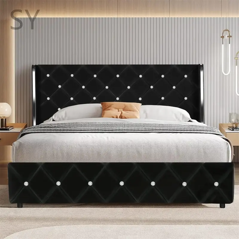 SY-Hot Selling Velvet Bed Frame with Diamond Tufted Headboard & Footboard,No Box Spring Needed,Bed Frame with Wingback,Wood S...