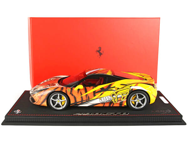 Ferrari 488 GTB IPE Exhaust Giallo Modena Yellow with Tiger Graphics with DISPLAY CASE Limited Edition to 100 pieces Worldwid...