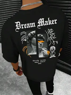 Men's Sculpture & Letter Print Short Sleeve Tee, Summer Clothes, Regular Fit Round Neck T-shirt, Trendy Street Fashion Cloth...