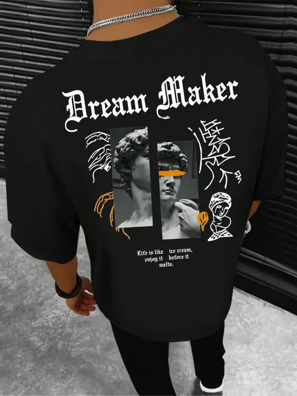 Men's Sculpture & Letter Print Short Sleeve Tee, Summer Clothes, Regular Fit Round Neck T-shirt, Trendy Street Fashion Cloth...