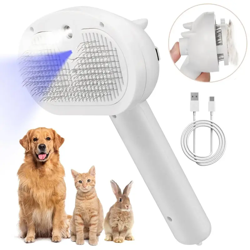 Pet Hair Removal Spray Massage Comb, Rechargeable Automatic Pet Grooming Brush with LED Light, Pet Hair Remover, Dog & Cat Gr...