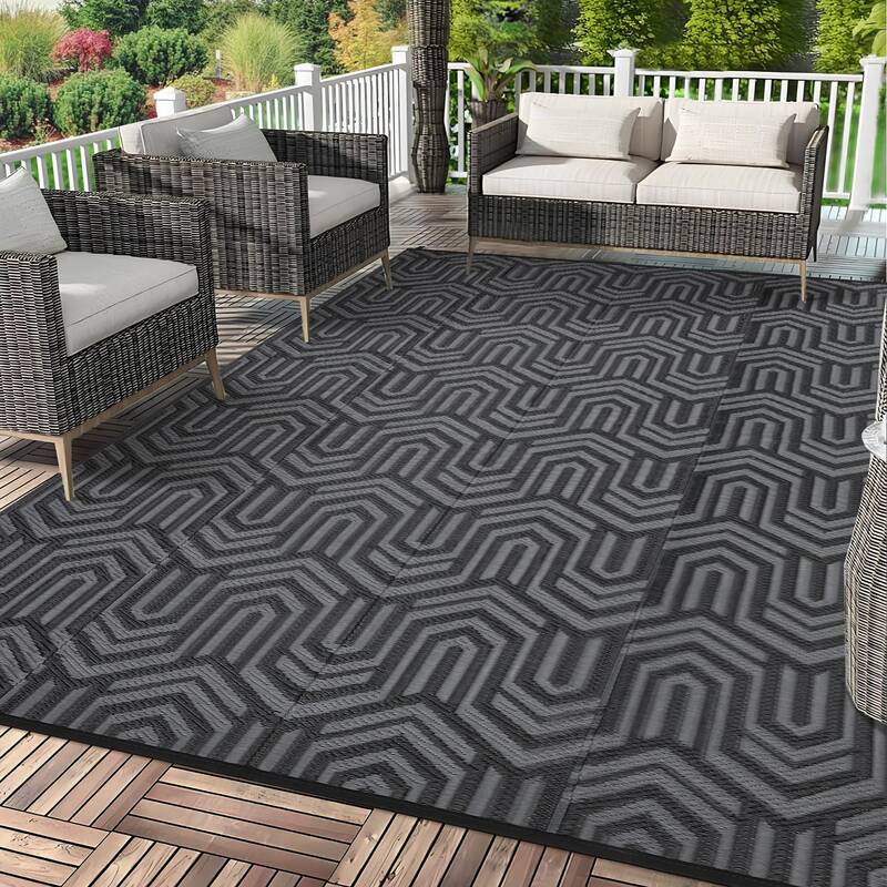 Garvee Reversible Outdoor Plastic Mat - Modern Geometric Low Pile Area Rug - Waterproof & Lightweight - Easy Clean for Patio,...