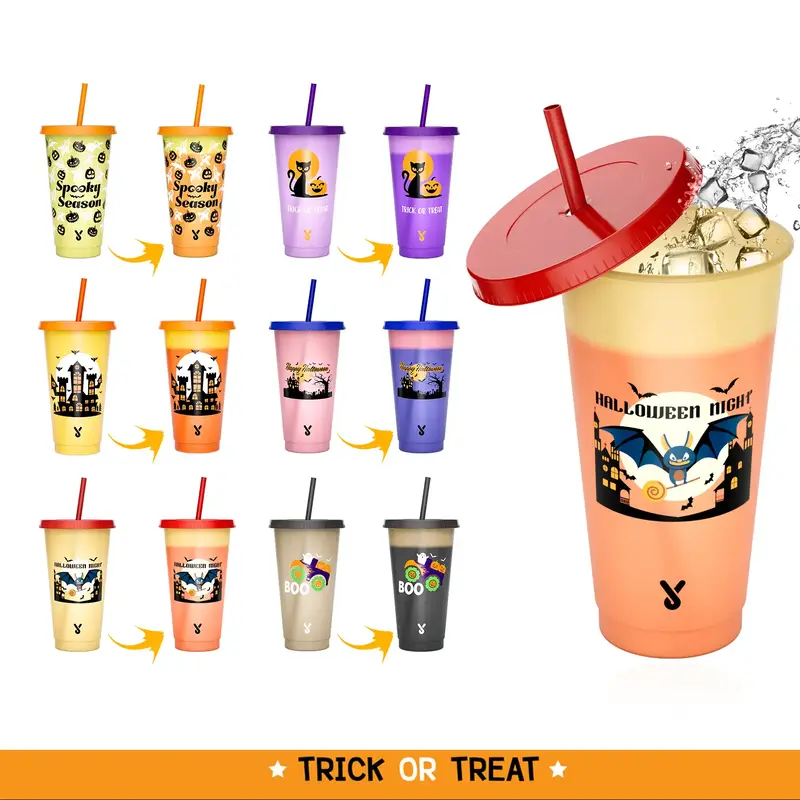 MEOKY Halloween Magic Tumbler 6-Pack 24oz & 12oz Color-Changing Cups with Lids & Straws Eco-Friendly Reusable Bulk Cups for F...