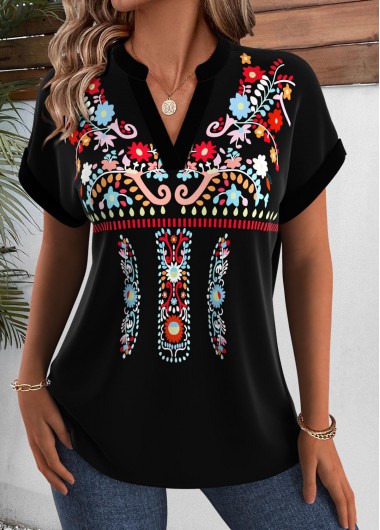 Modlily Black Tribal Print Short Sleeve Split Neck Blouse - L