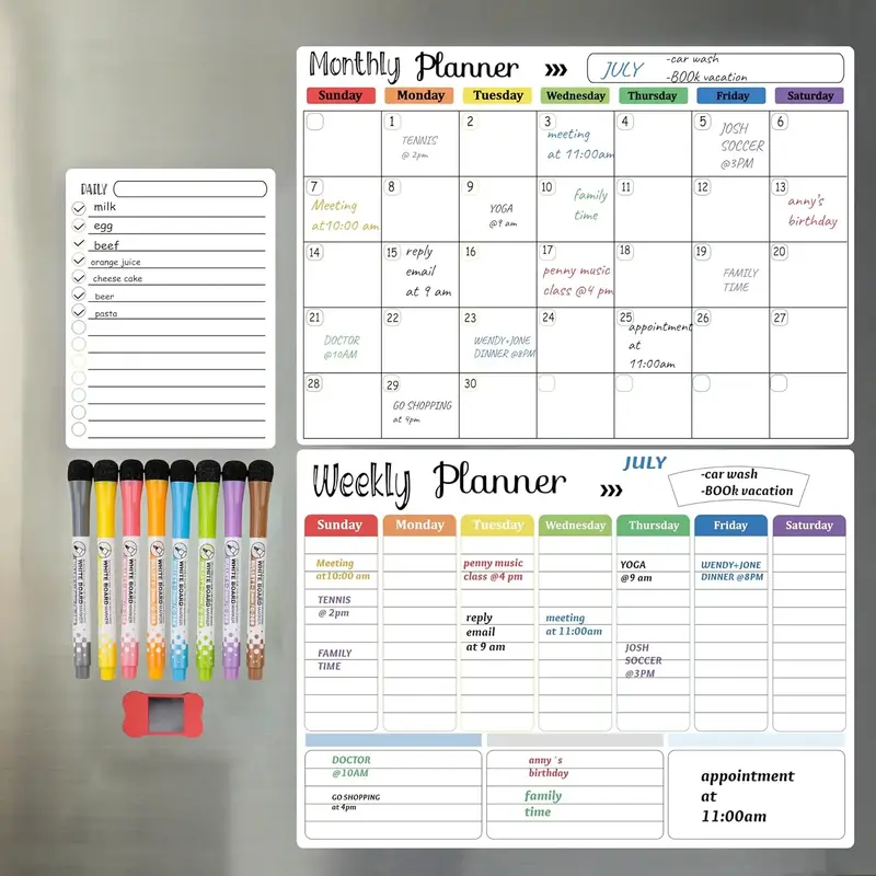 Magnetic Dry Erase Calendar Whiteboard, 1 Set Including Monthly, Weekly, and Daily Planning Calendar & 8 Markers & Eraser, Ma...