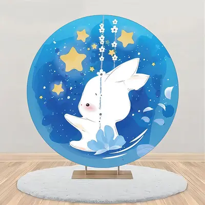 Blue Gold Sky Star Rabbit Round Baby Shower Backdrop - Aperturee