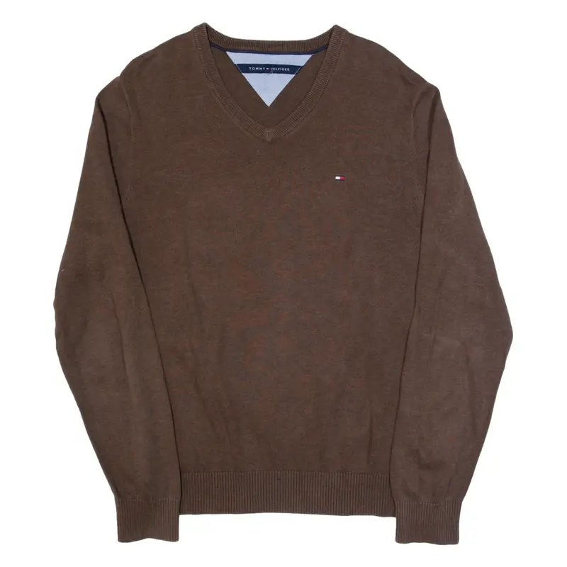 TOMMY HILFIGER Mens Jumper Brown V-Neck Tight Knit L