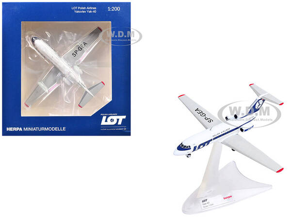 Yakovlev Yak-40 Commercial Aircraft LOT Polish Airlines (SP-GEA) White with Blue Stripes and Tail 1/200 Diecast Model Airpl...