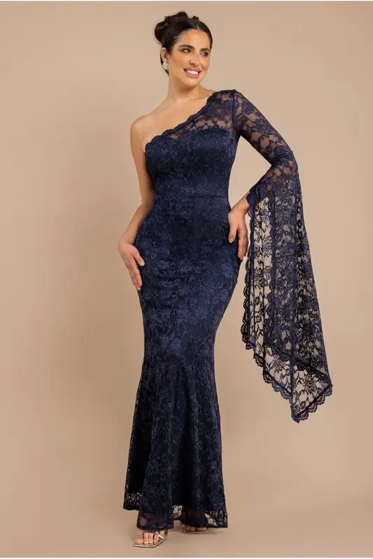 Goddiva One Shoulder Scalloped Neck Maxi Dress - Navy Blue