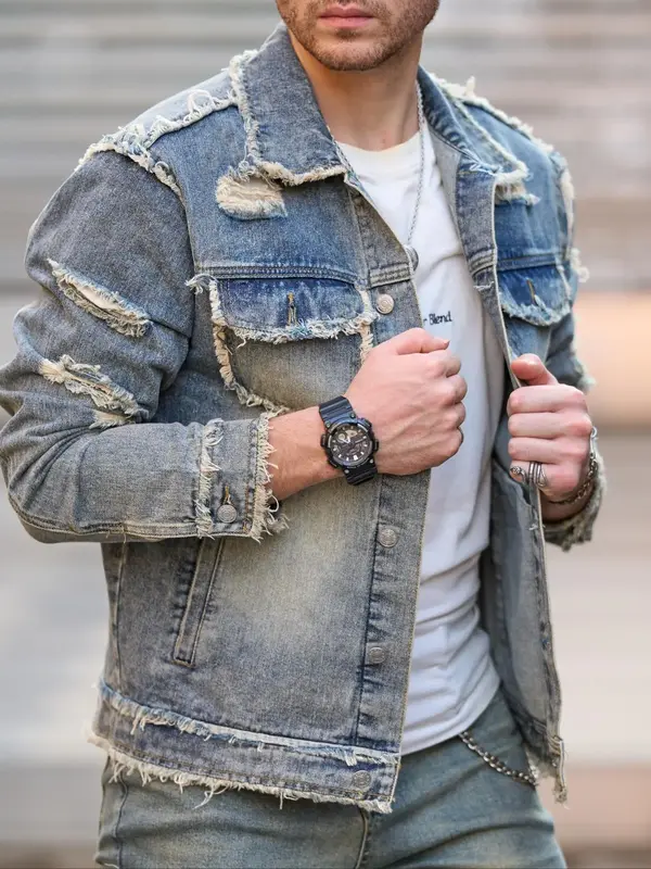 Men's Raw Wash Ripped Denim Jacket, Casual Button Front Pocket Design Raw Hem Jean Coat for Daily Wear, Fashion Men's Clothes...