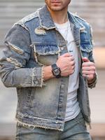 Men's Raw Wash Ripped Denim Jacket, Casual Style Button Front Pocket Design Raw Hem Jean Coat for Daily Wear, Mens Clothing, ...