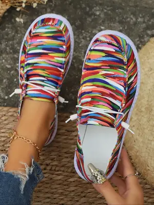 Women's Fashionable Striped Pattern Lace Up Low Top Sneakers, Casual Comfortable Colorful Fall Shoes for Daily Wear, Trendy ...
