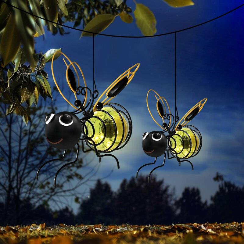 Outdoor Hanging Solar Bee Light, Glowing Metal Bee with Hook and Spring, Solar-Powered Decoration for Yard, Garden, and