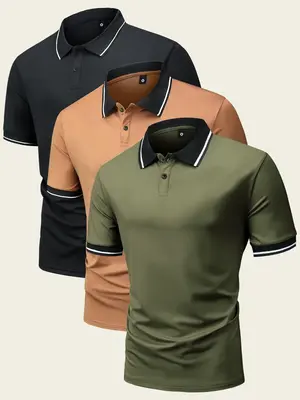 Men's Striped Trim Print Button Front Half Placket Polo Shirt, Summer Clothes, Casual Soft Comfy Short Sleeve Collared Top, ...