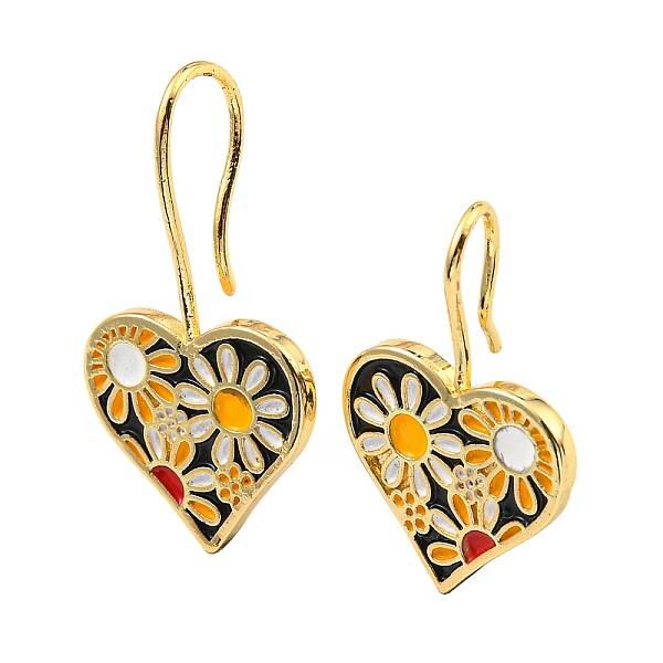 Rack Plating Brass Heart with Flower Dangle Earrings with Enamel