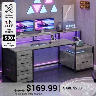 SEDETA | 66 Inch Computer and Gaming Desk with 5 Drawers and Printer Cabinet Grey Home Office Furniture