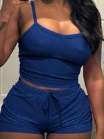 Two-piece Set Women's Solid Ribbed Cami Top & Tie Front Shorts, Casual Sleeveless Top & Shorts for Daily Wear, Ladies Two-pie...