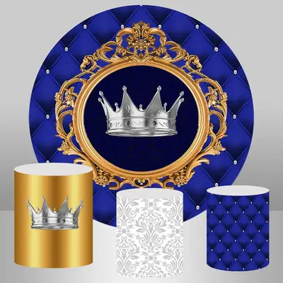 Aperturee Silver Crown And Royal Blue Round Birthday Backdrop | Custom Round Backdrop | Custom Round Birthday Backdrop | Roun...