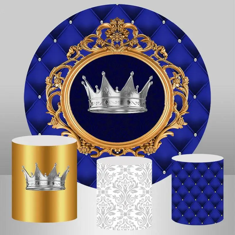 Aperturee Silver Crown And Royal Blue Round Birthday Backdrop | Custom Round Backdrop | Custom Round Birthday Backdrop | Roun...