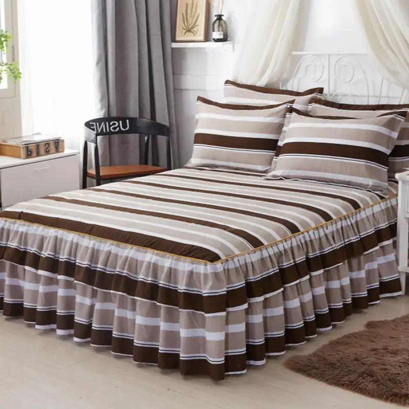 Bedroom Decor Striped Print Fully Enclosed Printed Ruffled Edge, 3 Counts/set Including 1 Count Bed Skirt & 2 Counts Pillowca...