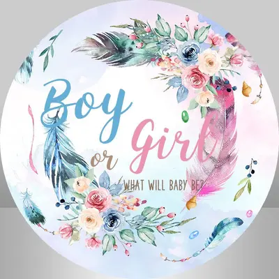 Aperturee Blue Pink Feather Floral Backdrop Kit For Gender Reveal | Custom Round Backdrop | Round Baby Shower Backdrop | Circ...