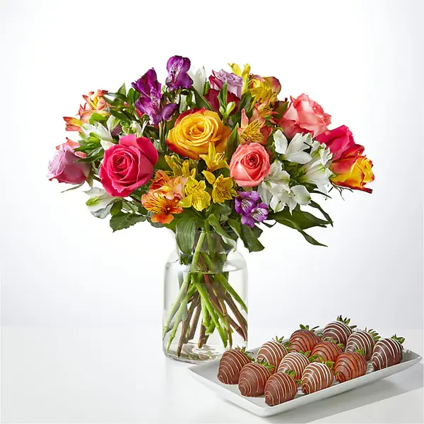 Smiles and Sunshine Bouquet and Berry Bundle - Deluxe Bouquet with Berries and Glass Vase - FedEx