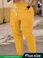 【 Plus Size】 Solid Drawstring Waist Cargo Trouser, Casual Pocket High Waist Jogger Pants for Daily Wear, Women's Bottoms ...