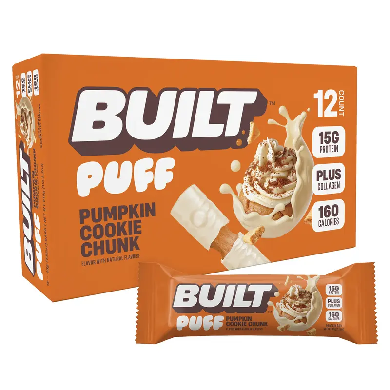 BUILT Bar Puff Protein Bar, Pumpkin Cookie Chunk, Protein Packed Snack, Collagen, 160 calories, 12 Count Box