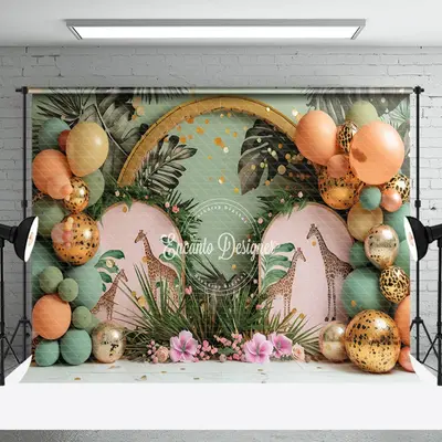 Green Forest Giraffe Monstera Cake Smash Backdrop - Aperturee