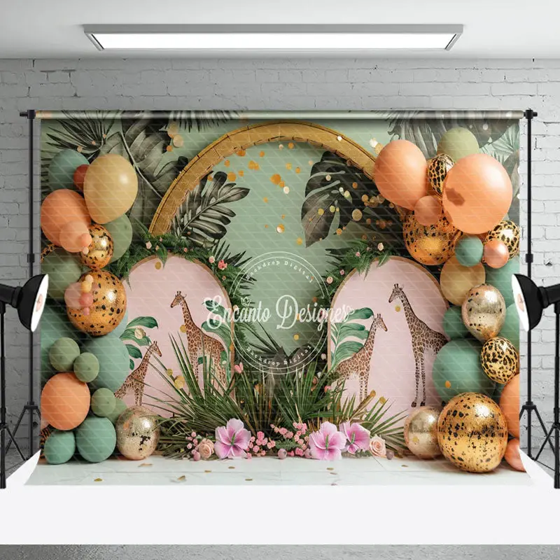 Green Forest Giraffe Monstera Cake Smash Backdrop - Aperturee