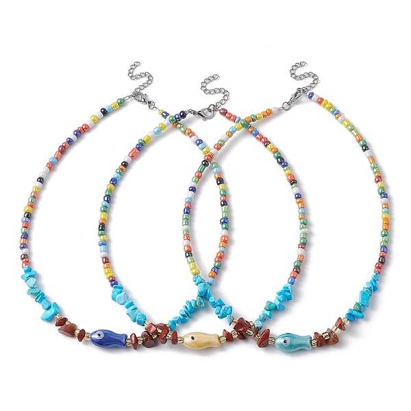Natural Red Jasper & Howlite Chips & Porcelain Fish Beaded Necklace with Alloy Clasps