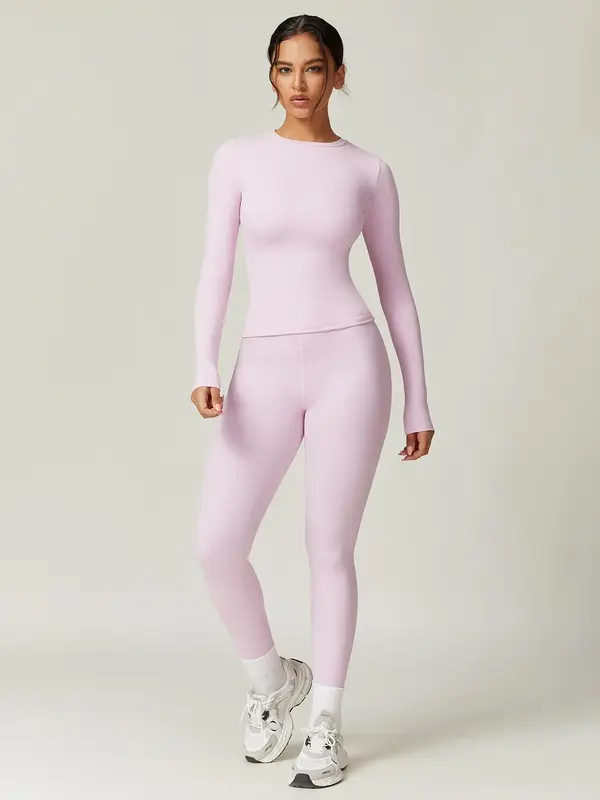 Women's Solid Long Sleeve Tee & Leggings Loungewear Two-piece Set, Casual Comfy Round Neck Top & Skinny Pants Loungewear Se...