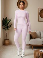 Women's Solid Long Sleeve Tee & Leggings Loungewear Two-piece Set, Casual Comfortable Pastel Round Neck Top & Skinny Pants Lo...
