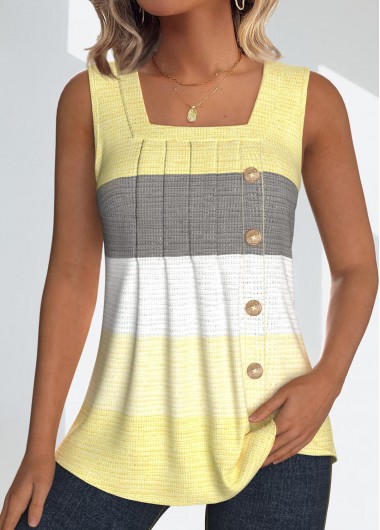 Modlily Light Yellow Button Striped Sleeveless Square Neck Tank Top - M