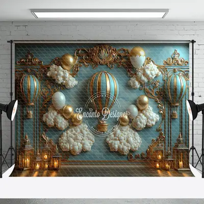 Blue Gold Luxury Balloons Cloud Cake Smash Backdrop - Aperturee